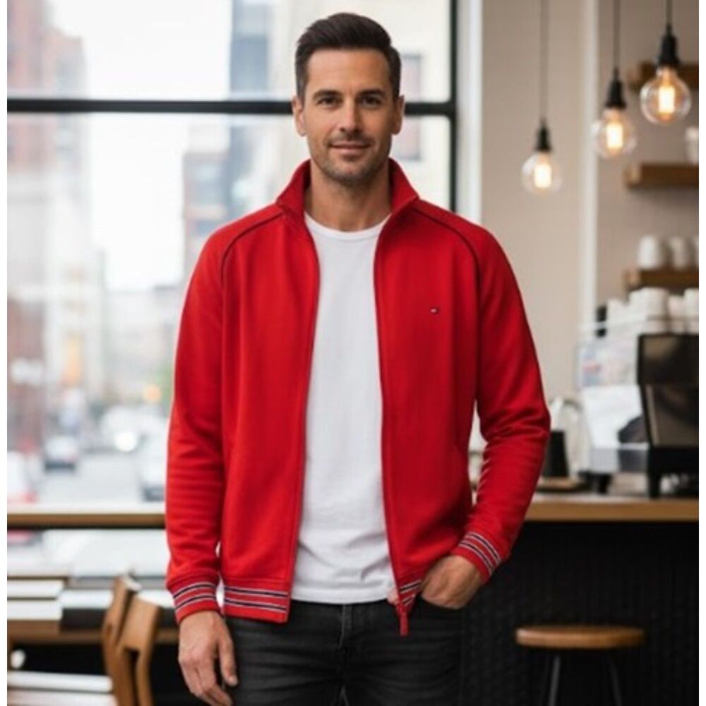 Tommy Hilfiger Track Jacket Athletic Classics Red Full Zip Mens Size XL